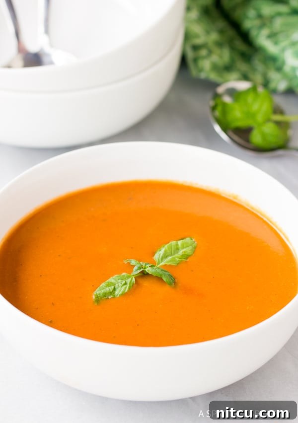 Side view of a bowl of easy tomato bisque, showcasing its creamy texture and topped with fresh basil leaves.