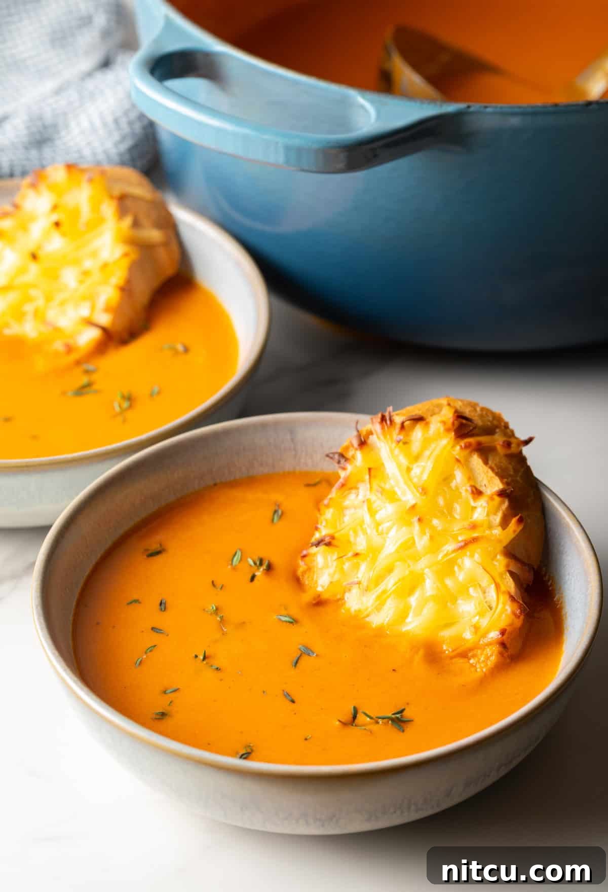 A delectable bowl of roasted red pepper Gouda soup, rich and vibrant, with a perfectly toasted cheesy baguette slice nestled invitingly within.