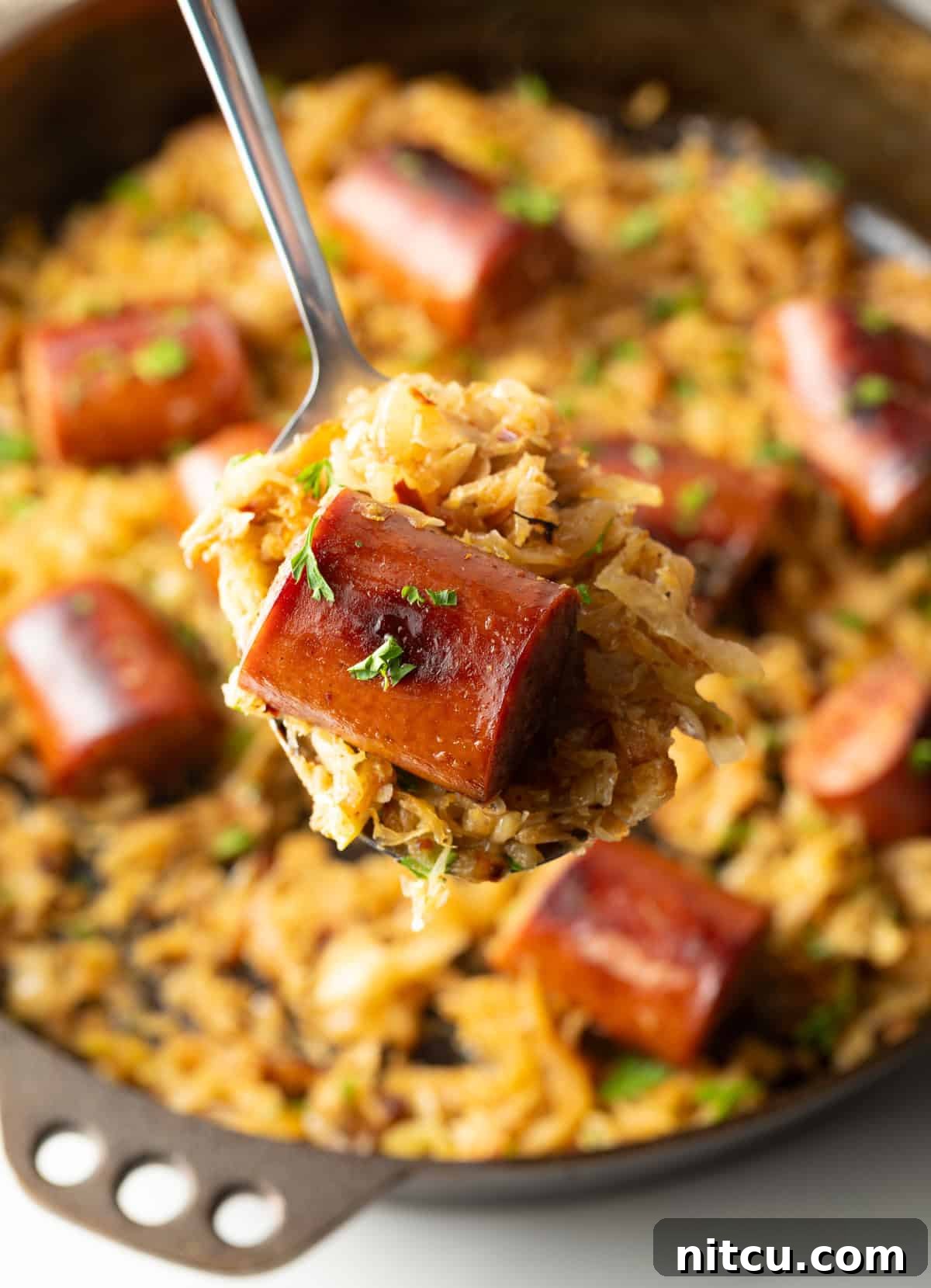 Close view of a piece of cooked sausage on a spoon with sauerkraut.