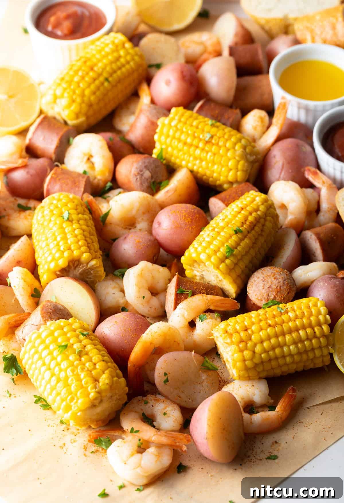An inviting overhead view of a vibrant Low Country Boil, richly seasoned shrimp, hearty smoked sausage, tender red potatoes, and bright yellow corn, all artfully arranged with ramekins of dipping sauces on the side.