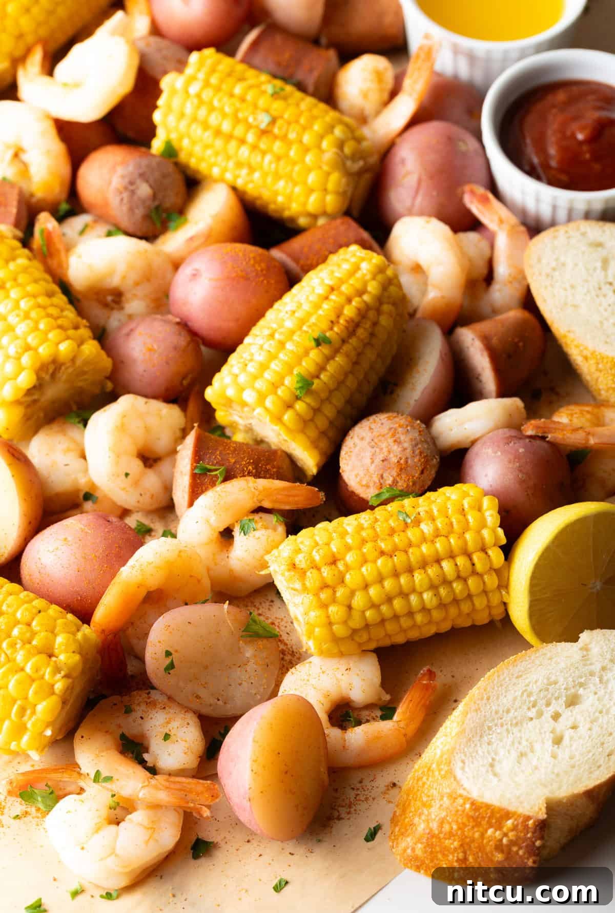 A generous platter filled with a mouthwatering Low Country Boil, featuring perfectly boiled red potatoes, sweet corn on the cob halves, succulent shrimp, and savory chunks of sausage, elegantly complemented by slices of fresh bread on the side.