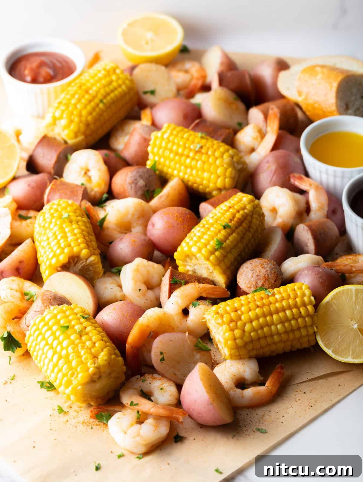 A vibrant, fully cooked Low Country Shrimp Boil artfully arranged on brown parchment paper, featuring perfectly pink shrimp, golden corn cobs, tender red potatoes, and smoky sausage chunks, surrounded by fresh lemon wedges and an assortment of delicious dipping sauces.