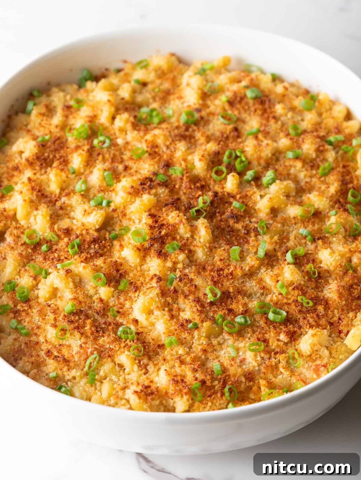 Golden and crispy baked New Orleans mac and cheese in a white baking dish.