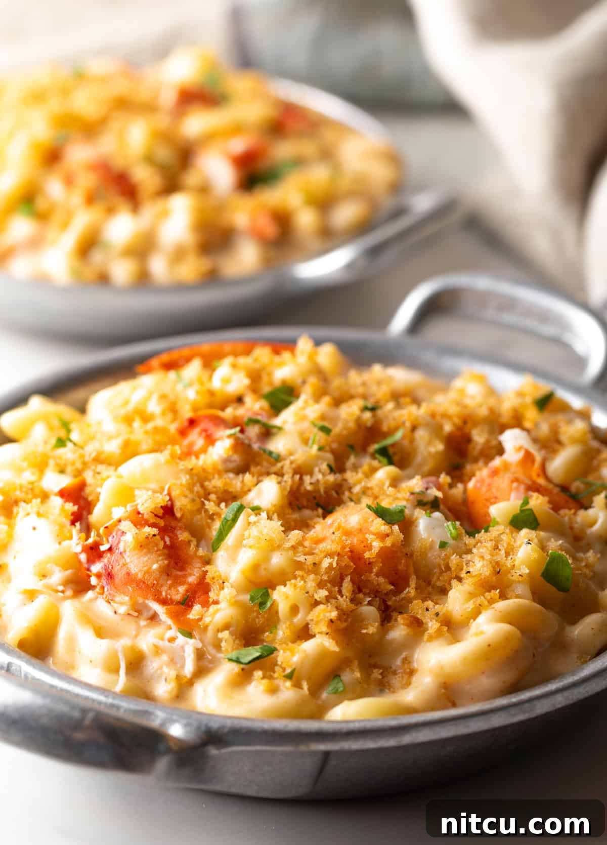 Side view of a metal bowl filled with a lobster mac and cheese recipe topped with breadcrumbs and parsley.