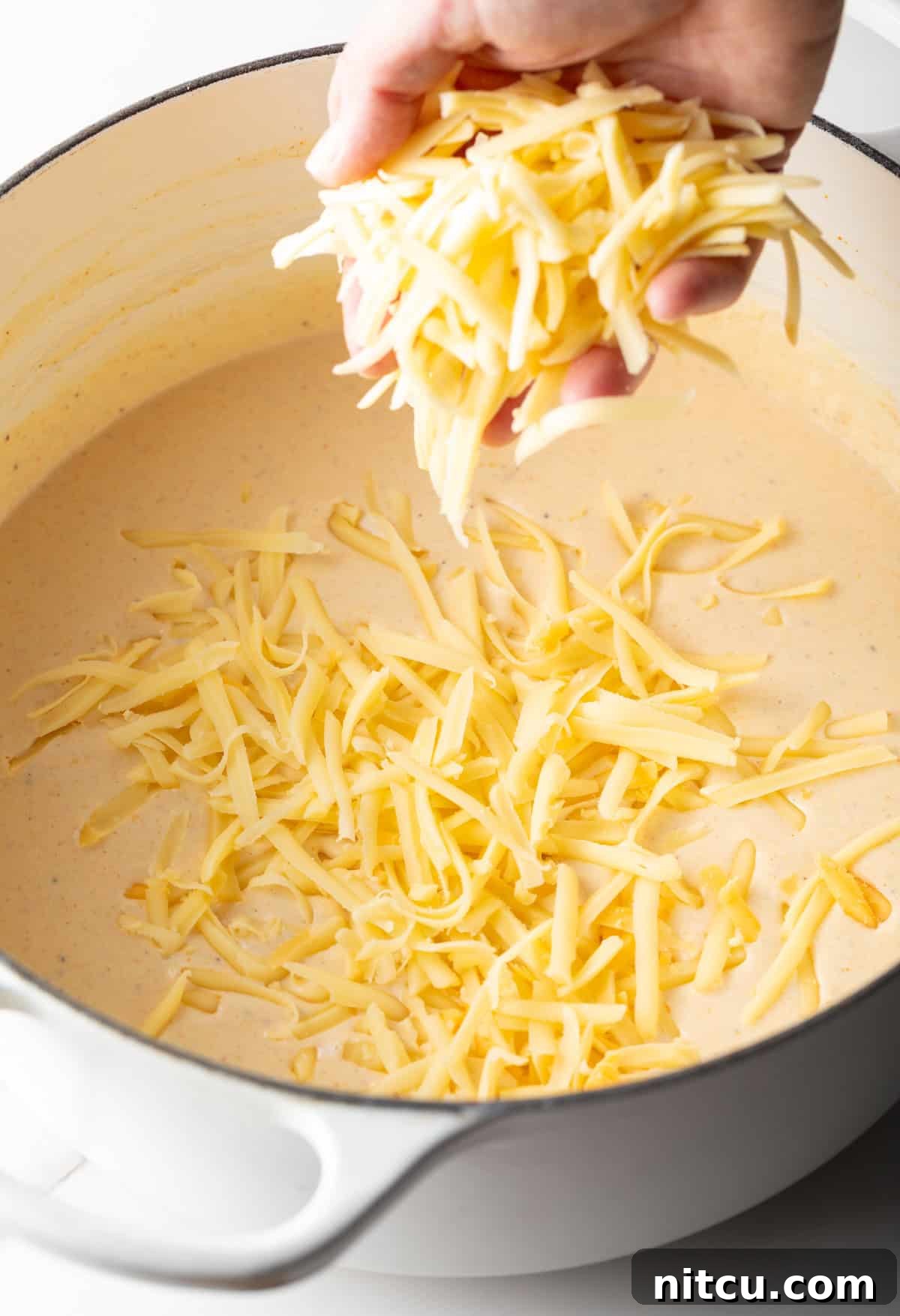 Shredded cheese is being added to a cream sauce for lobster mac and cheese.