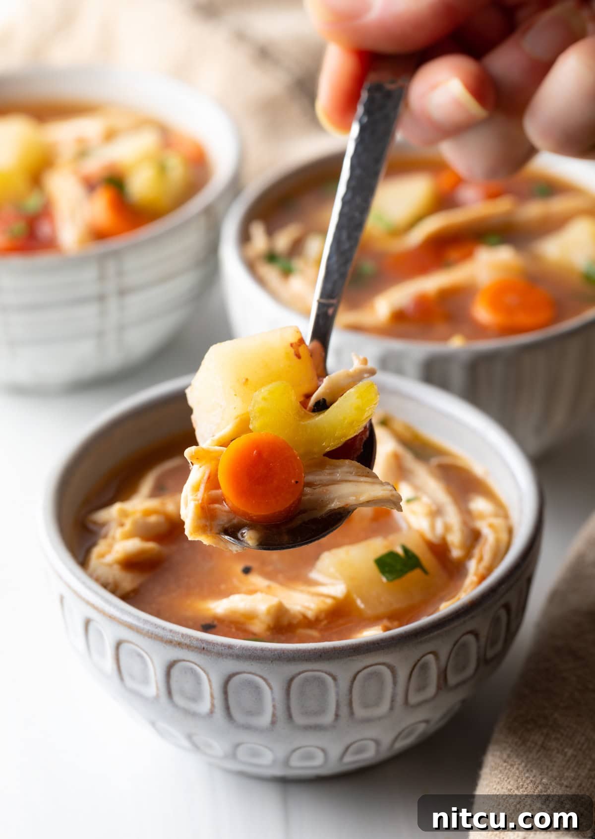 Hand holding a spoonful of tomato, chicken, carrot and potato soup to camera.