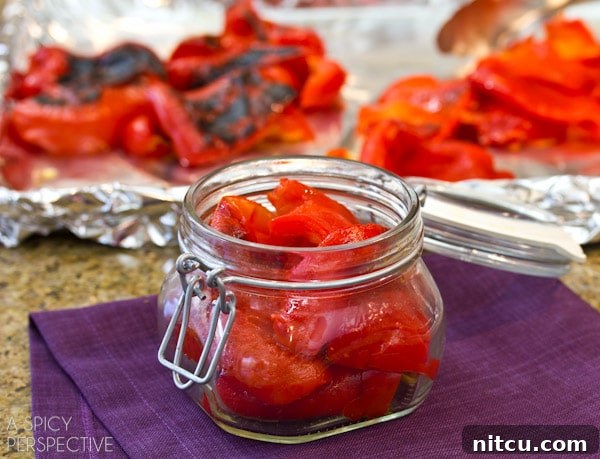 Easy Roasted Red Peppers | ASpicyPerspective.com #howto #diy #redpeppers