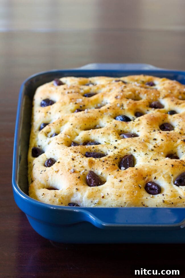 Blue baking dish with tender olive and garlic focaccia bread.