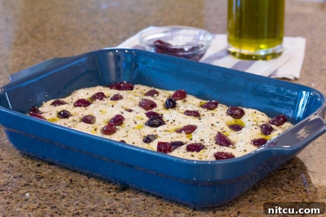Blue baking dish with raw dough, studded with kalamata olives.
