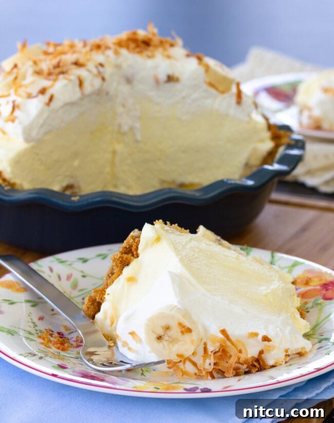 A perfect slice of Banana Cream Pie with a thick graham cracker crust, topped with whipped cream and toasted coconut, served on a plate with the full pie in the background.