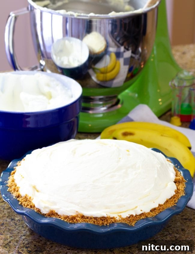 A graham cracker crust generously filled with smooth banana cream pie filling and topped with whipped cream.