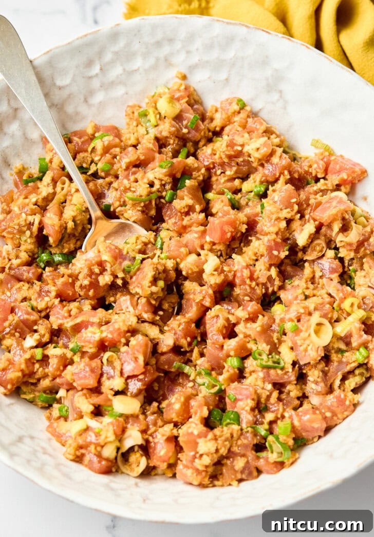 Preparing the Ahi Tuna Burgers - a close-up of the mixed tuna patty ingredients in a bowl