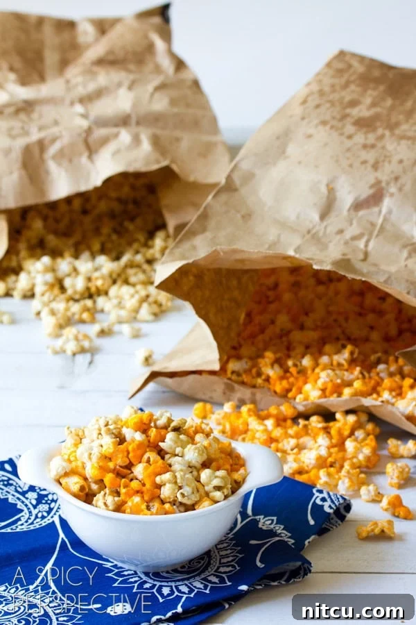 Bowl of popcorn with two bags of popcorn in the background.