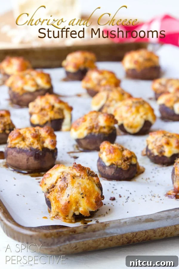 Chorizo and Cheese Stuffed Mushroom Recipe - close up on baking sheet
