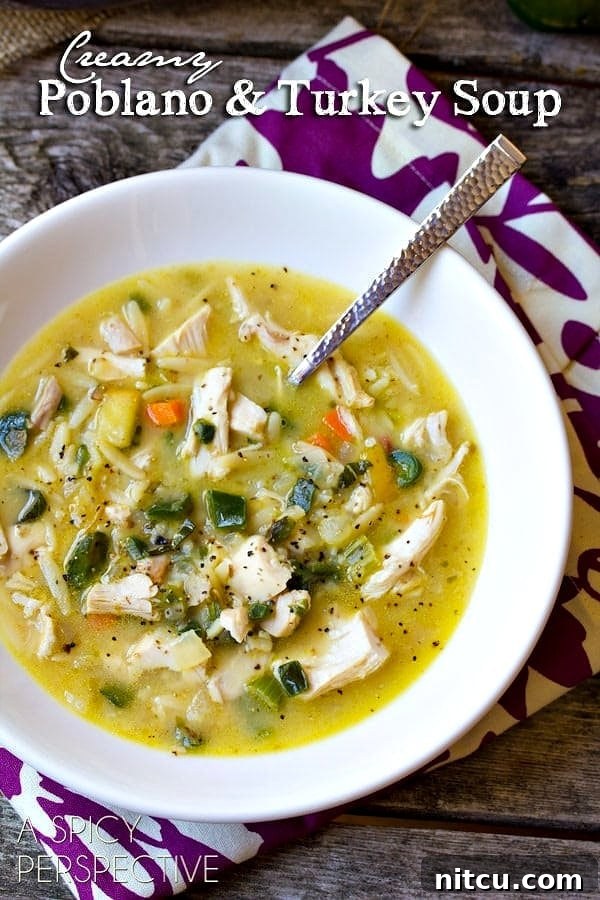 Creamy Spicy Leftover Turkey Soup Recipe with Poblano Peppers in bowls