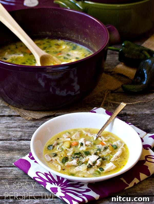 Leftovers Turkey Soup with Poblano Peppers in pot and bowl