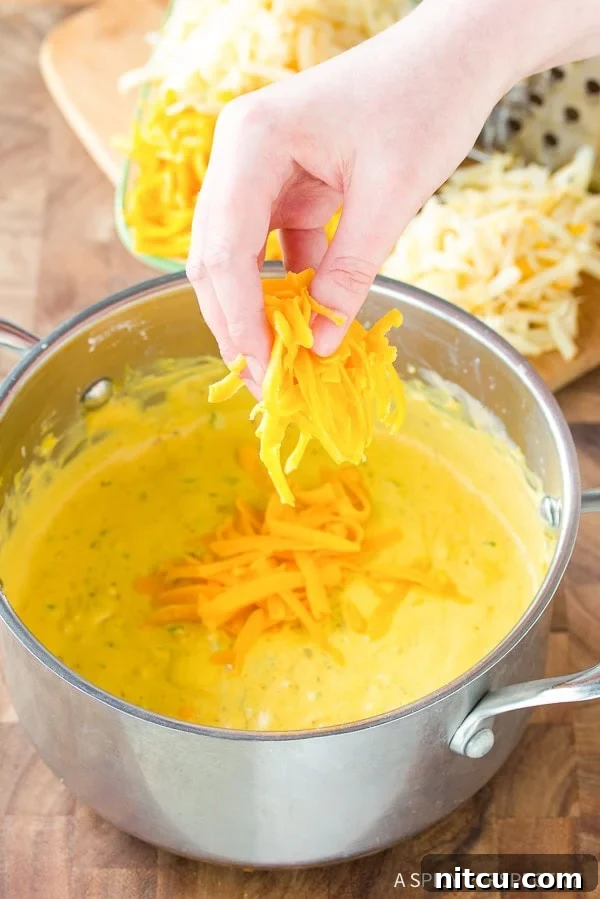 Hand gradually adding shredded cheddar cheese into the pot, stirring to melt evenly into the creamy sauce.