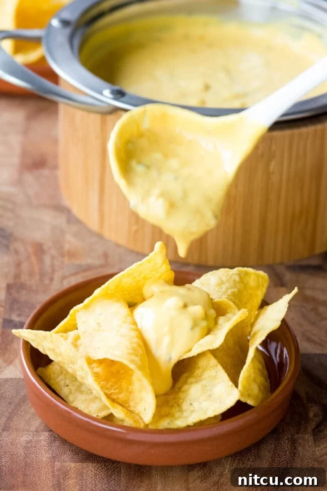 Rich, golden cheese sauce dripping over a pile of crispy tortilla chips, being served with a ladle.