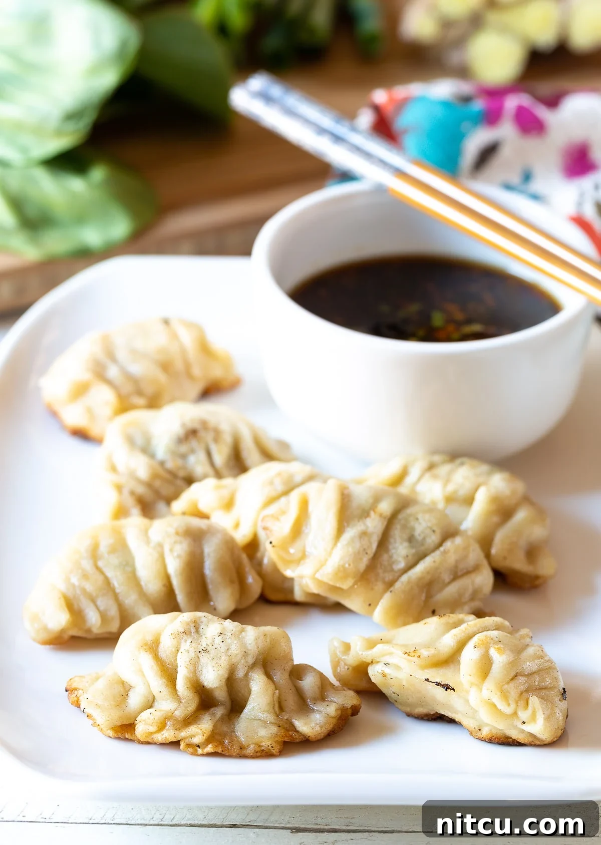 Homemade Chinese dumplings served on a white plate with a sauce on the side. 