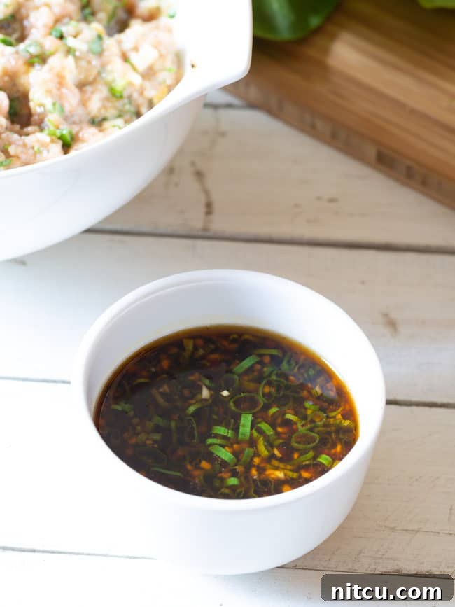 Prepared dipping sauce in a white bowl. 