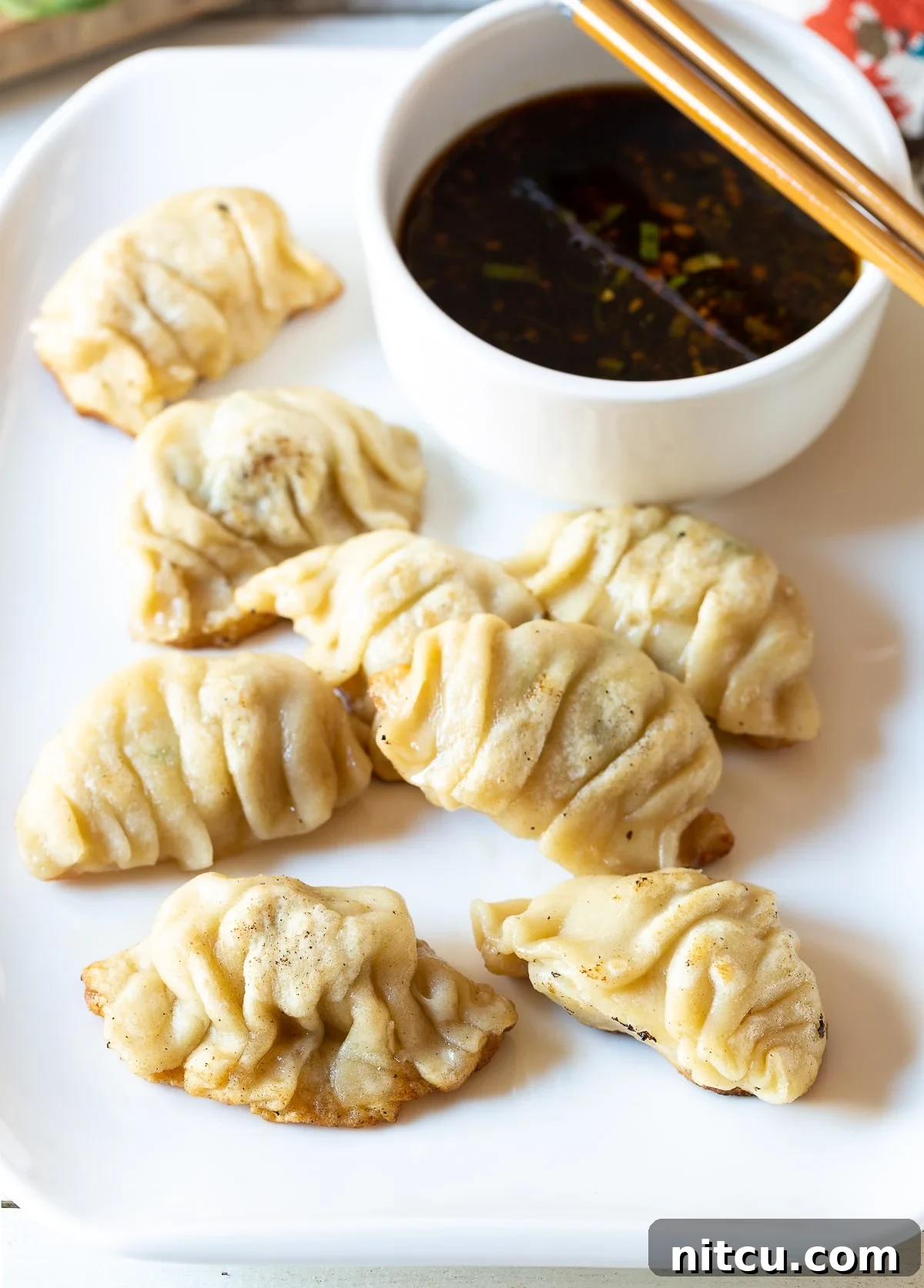 Potstickers served on a white plate next to a small bowl of dipping sauce. 