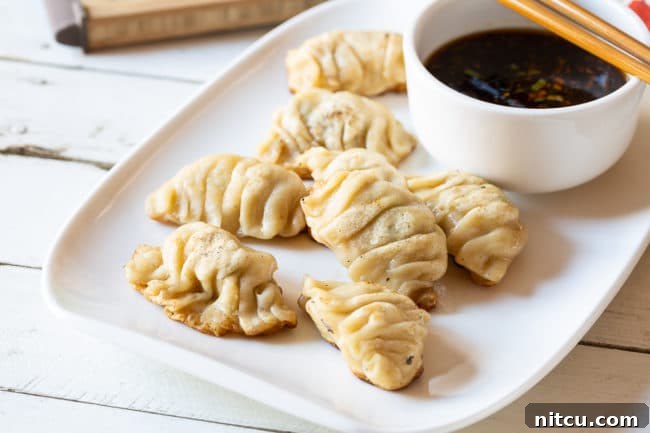 Dumplings on a plate with a bowl of sauce next to them. 