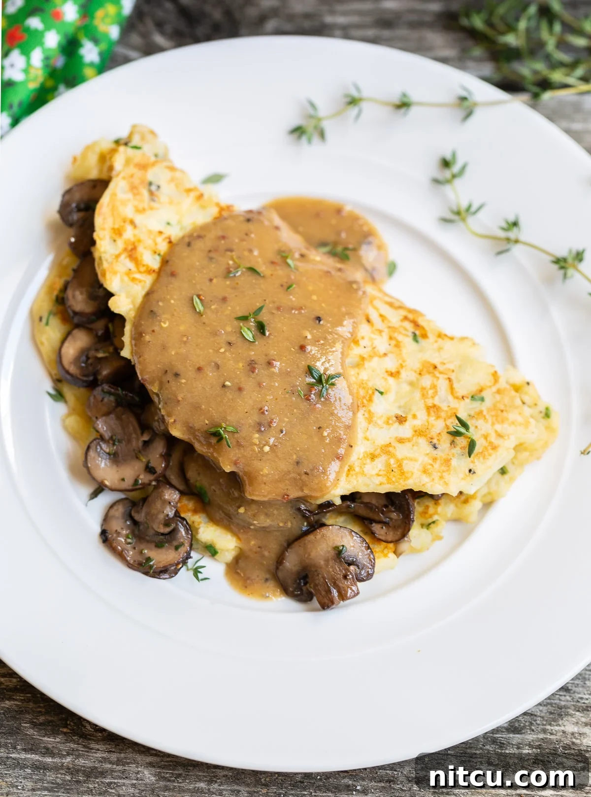 Traditional Irish Boxty Potato Pancakes with Sautéed Mushrooms and Whiskey Gravy for Saint Patrick's Day