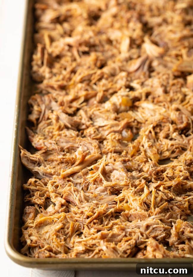 Shredded carnitas spread evenly on a baking sheet, prepared for broiling to achieve crispy edges.