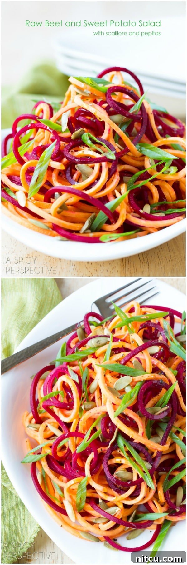 Vibrant Raw Beet and Sweet Potato Salad with Scallions and Pepitas