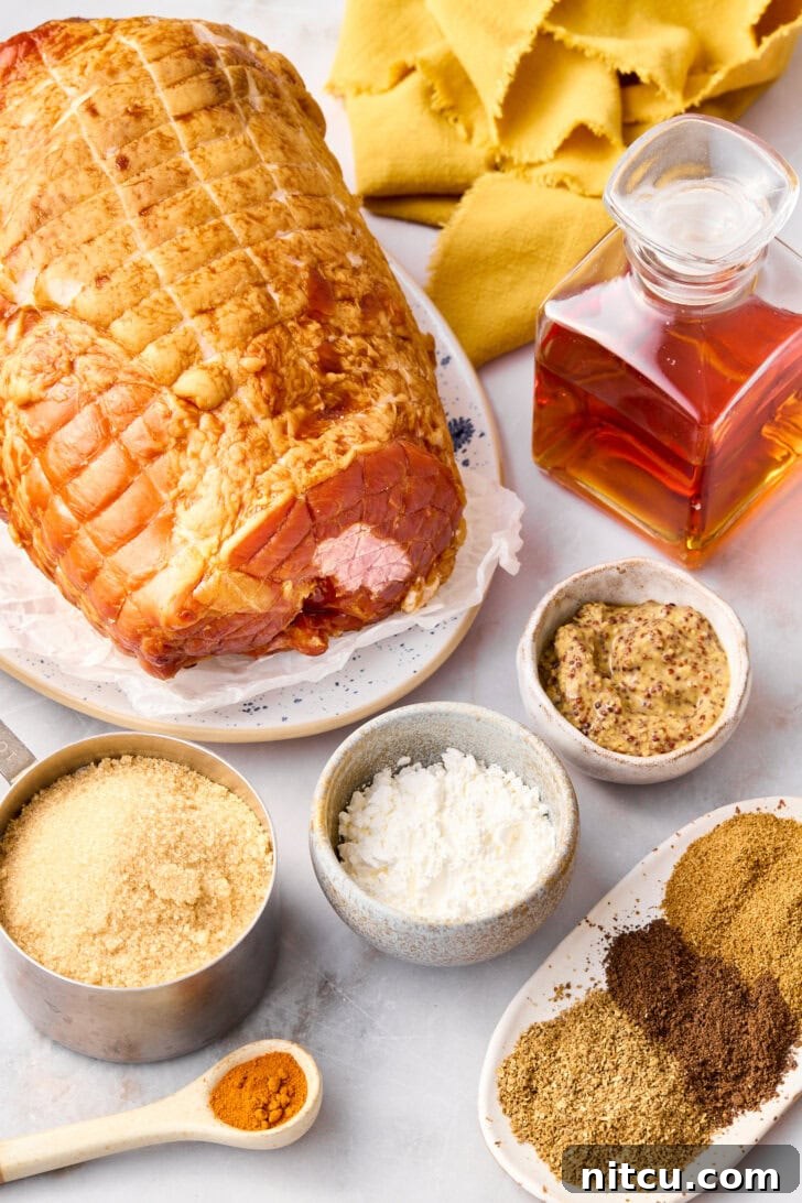 A collection of fresh ingredients laid out on a kitchen counter, including a whole smoked ham, a bowl of brown sugar, a bottle of brandy, jars of mustard and spices, essential for making a brown sugar glazed ham.
