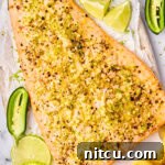 Oven Baked Salmon Recipe with Jalapeno, Lime, and Garlic - overhead shot on tray