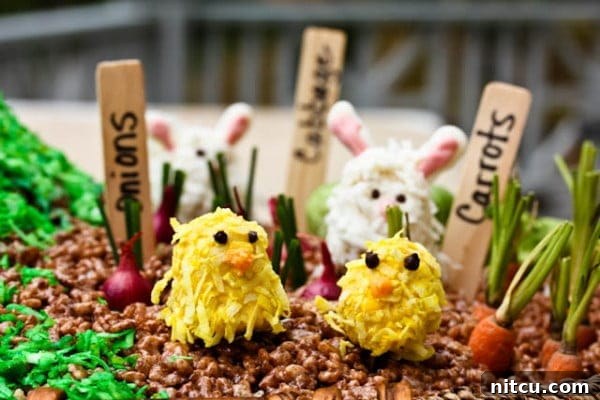Easter centerpiece with bunnies and vegetable-themed Rice Krispies treats