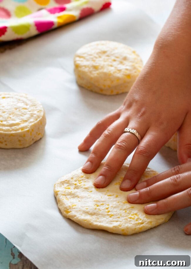 Children's hands pressing canned biscuit dough into flat circles for homemade breakfast fruit pizza crusts.