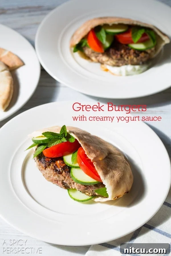 Greek Hamburger Recipe on ASpicyPerspective.com #burgers #summer #greek