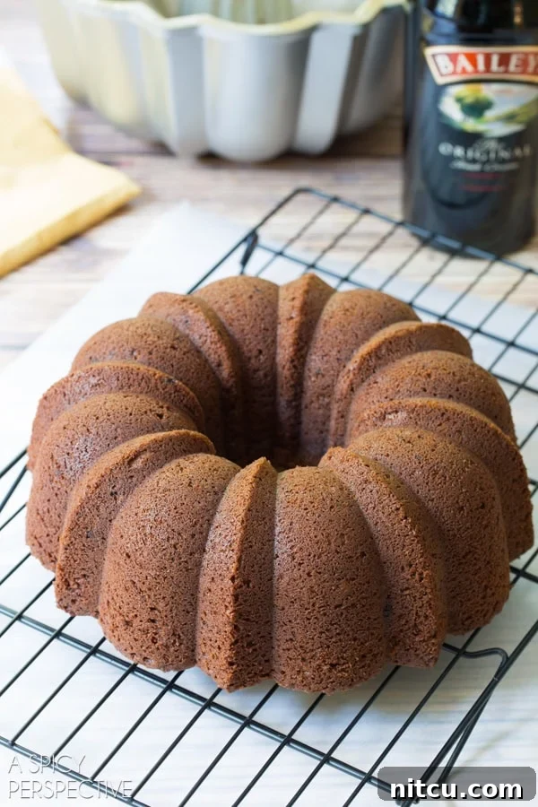 A freshly baked Baileys Irish Cream Bundt Cake cooling on a wire rack, ready for its decadent toppings.