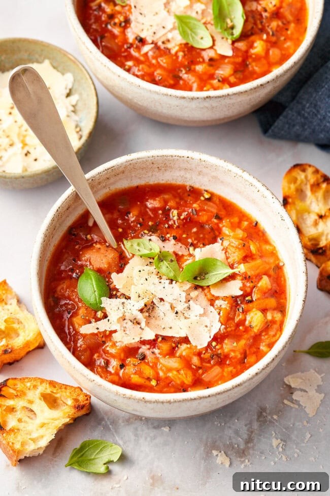 A bowl of chunky Tuscan tomato soup, Pappa al Pomodoro, garnished with fresh Parmesan cheese shavings and a silver spoon resting inside.
