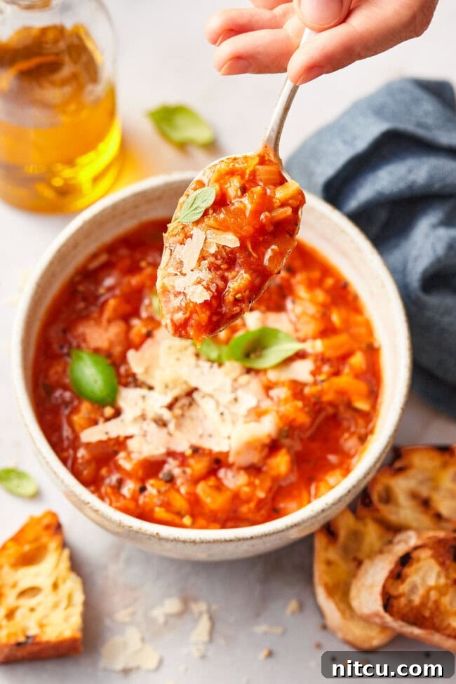 A close-up shot of a bowl of chunky Italian tomato soup with a silver spoon, highlighting its rich texture and steam rising.