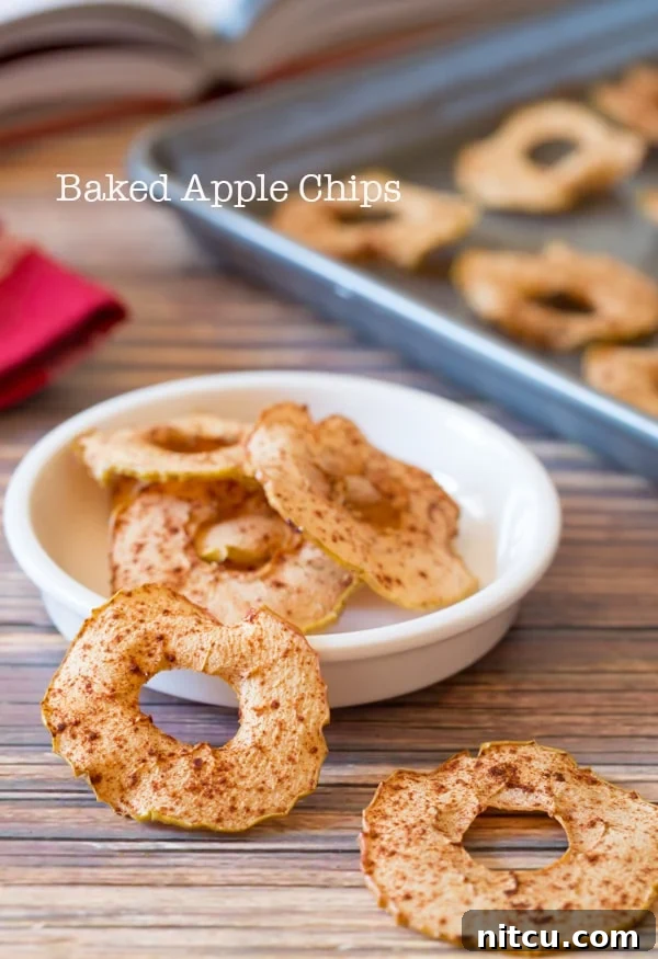 Baked Apple Chips in a white bowl with two sitting in the front on the wood surface.