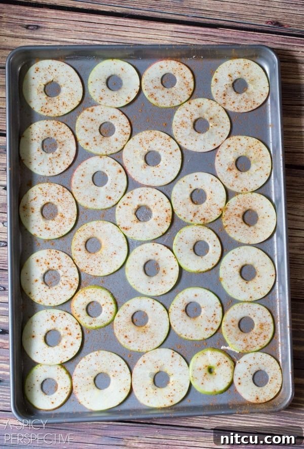 Top down view of apple slices laid out on a baking sheet.