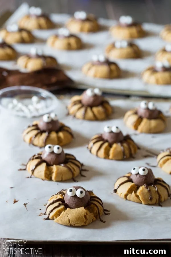 Close-up of finished Chocolate Peanut Butter Spider Cookies, ready for Halloween festivities.