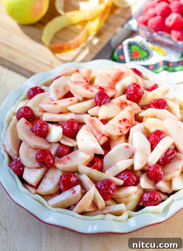 Unbaked Raspberry Apple Pie filling already nestled in a pie crust, ready for the top layer.