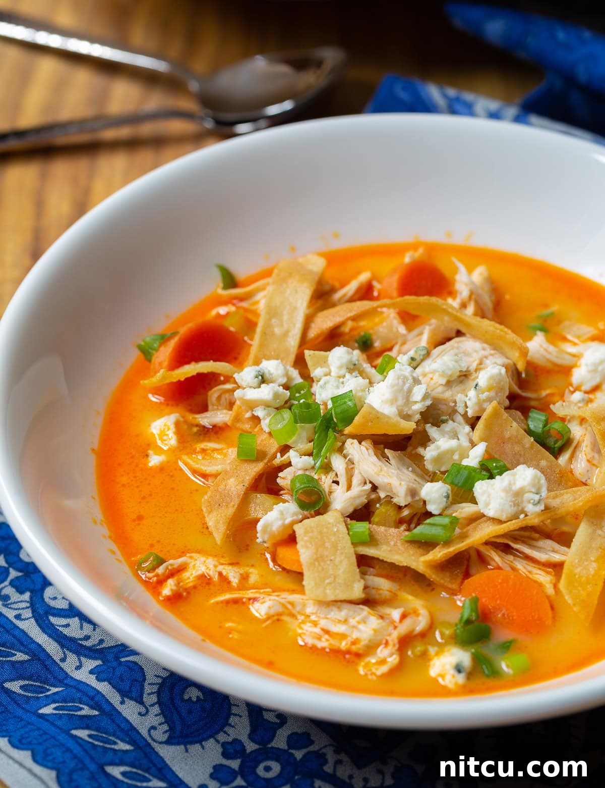 A top-down view of a white bowl filled with hearty chicken wing soup, garnished with vibrant green onions and a sprinkle of spices, presented on a simple backdrop.