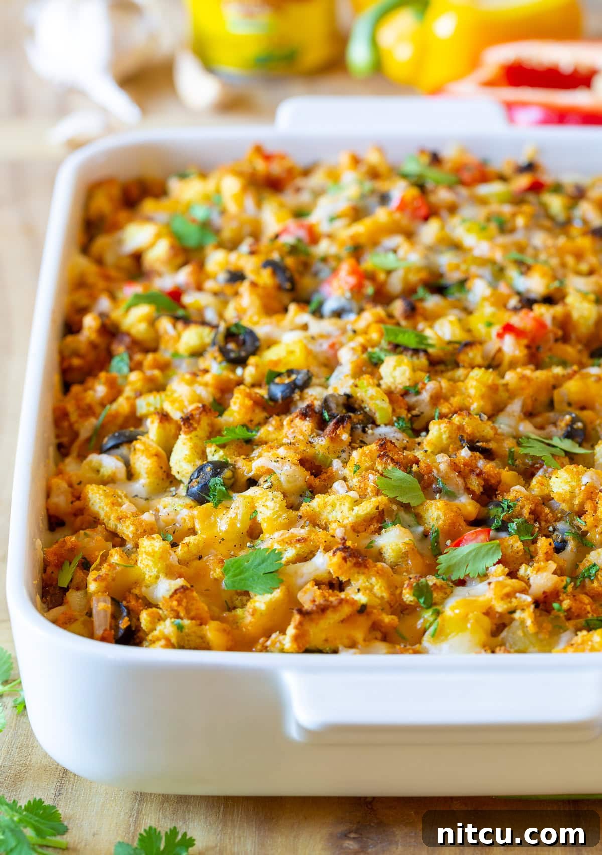 Mexican Thanksgiving Cornbread Stuffing Recipe in a festive baking dish, ready to be served