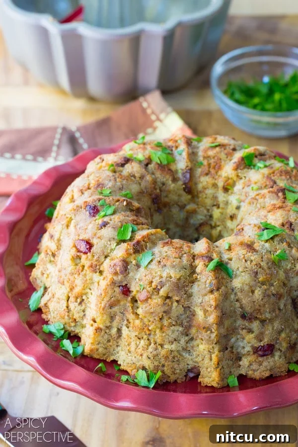 Stuffing Bundt Pan - baked, hot, and ready to serve for holidays