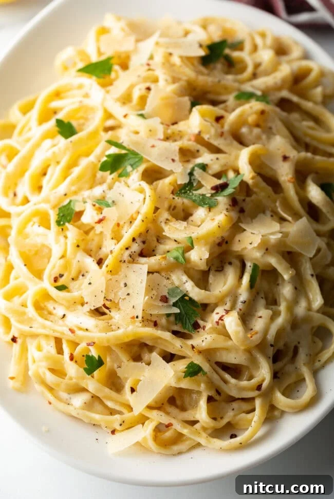 Fettuccine Alfredo recipe overhead close up, showcasing creamy pasta garnished with parsley