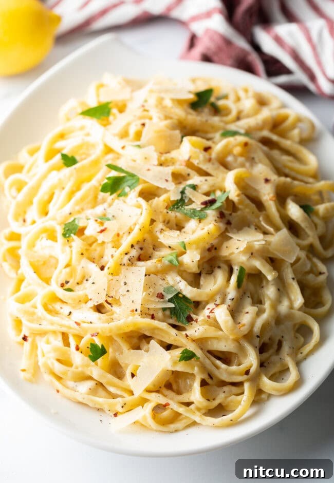 Recipe for creamy fettuccine alfredo as a festive Christmas pasta dish ready to be served