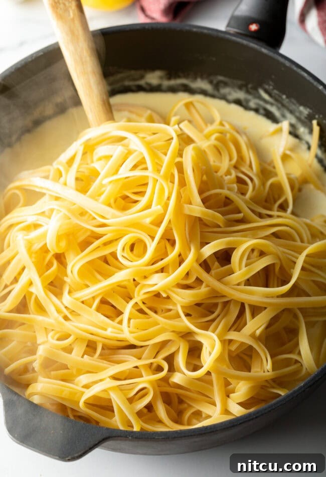 Fresh fettuccine noodles fully coated in rich Alfredo sauce in a pan