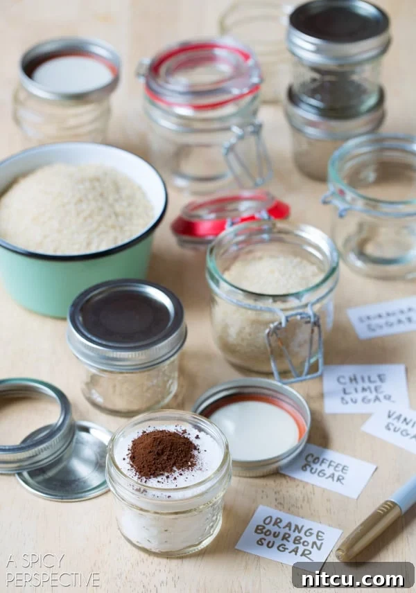 Infused Sugar - Jars with sugar the spices laying on the countertop with labels for the jars