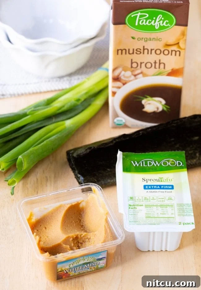 All the essential ingredients neatly arranged for making this Japanese Miso Soup recipe.