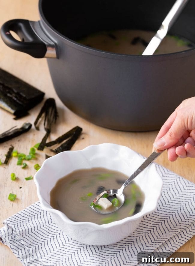 A finished bowl of the 5-ingredient Japanese Miso Soup, perfectly prepared and ready to be enjoyed.